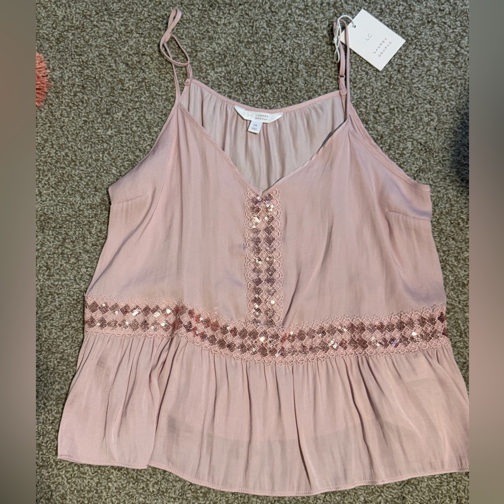 LC Lauren Conrad Rose Pink Sequin-Trim Peplum Cami